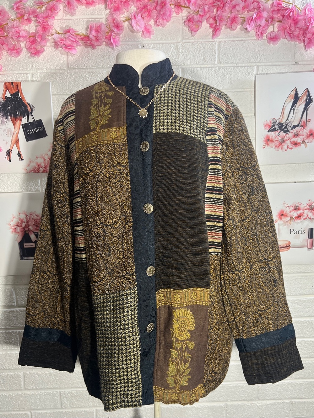 Vintage White Stag Patchwork Button-Front Jacket in Brown and Black